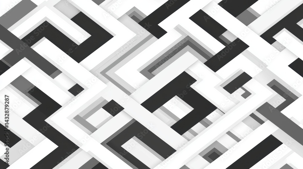Poster a geometric pattern of black and white lines forming a maze-like structure.