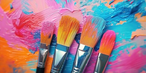 Fototapeta premium Several brushes stained with colored paint are placed on the textured surface against a background of heavily painted pink, orange, blue, and yellow strokes.