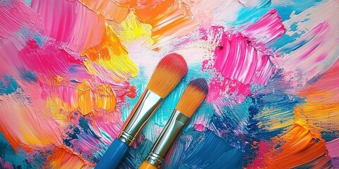 Obraz premium Several brushes stained with colored paint are placed on the textured surface against a background of heavily painted pink, orange, blue, and yellow strokes.