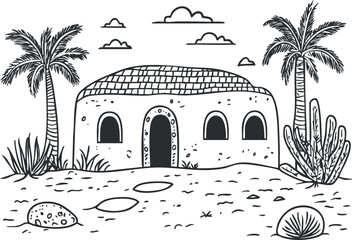 Obraz premium Black and white illustration of a desert house surrounded by palm trees, cactus, and stones under a cloudy sky