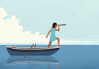 Adventurous girl using telescope on journey in rowboat on water
