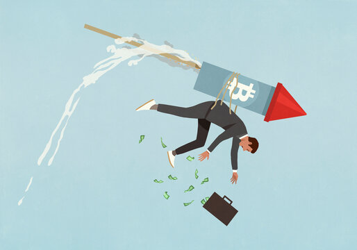 Falling Bitcoin rocket strapped to back of male investor over falling money briefcase
