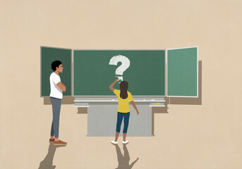 Teacher with arms crossed watching schoolgirl draw large question mark on classroom blackboard
