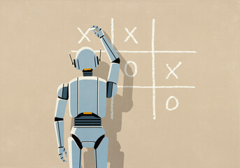 AI robot playing tic-tac-toe on beige background
