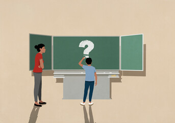 Teacher watching schoolboy drawing question mark on classroom blackboard
