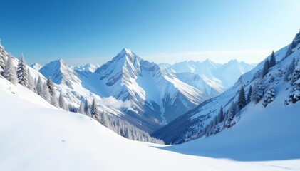 Fototapeta premium Fresh powder snow covering rugged mountain peaks, landscape, majestic