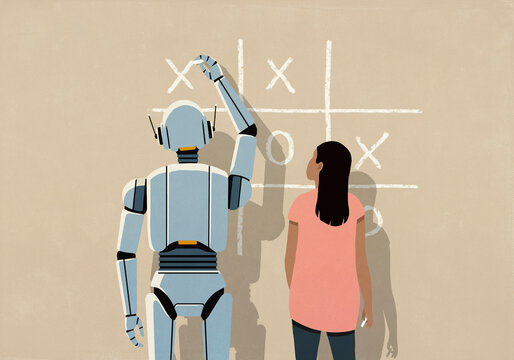 Woman playing tic-tac-toe with AI robot on beige background
