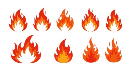 Various fire flames illustration on white background