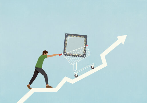 Man pushing large semiconductor in shopping cart up ascending arrow
