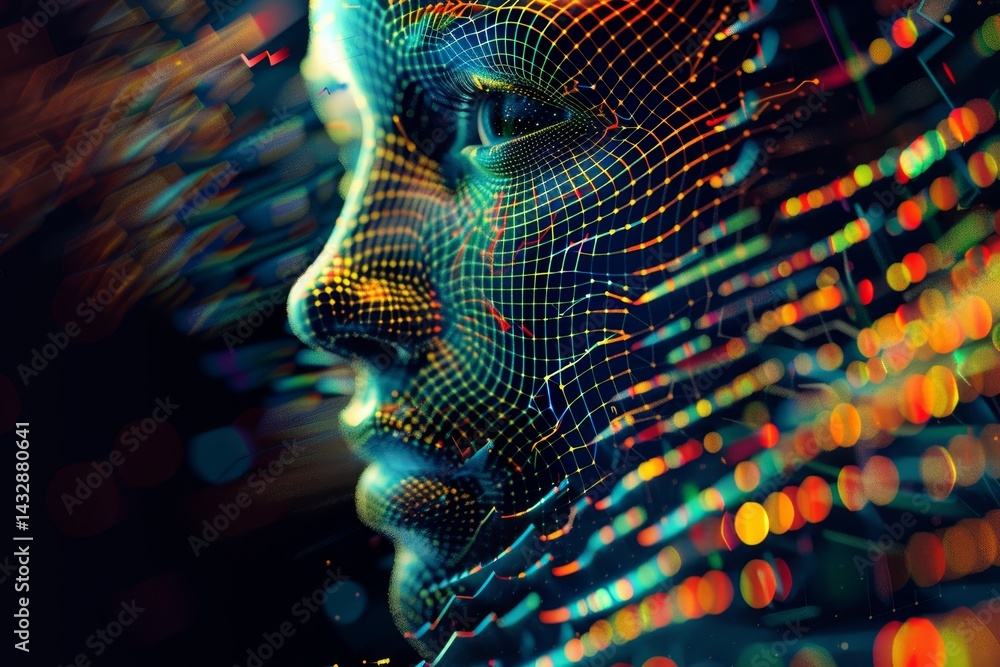 Poster digital portrait of a face with wireframe mesh and colorful highlights, made with advanced algorithm