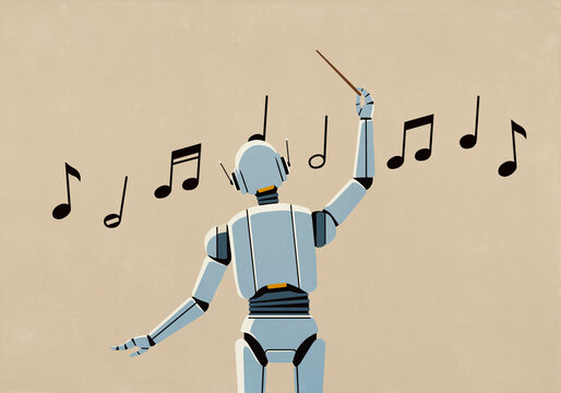 AI robot conducting music notes on beige background
