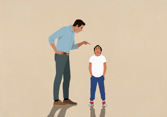Angry father yelling at son with head back and hands in pockets
