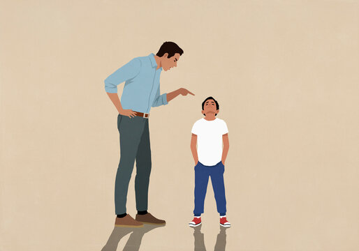 Angry father yelling at son with head back and hands in pockets
