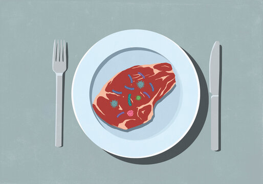 Bacteria on top of raw steak meat on dinner plate
