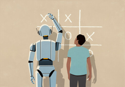 Man playing tic-tac-toe with AI humanoid robot
