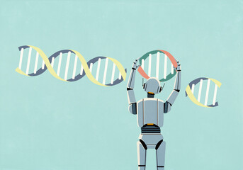 Humanoid robot altering DNA double helix
