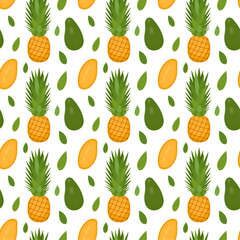 Seamless pattern with fruits for packaging and wrapping paper. Vector illustration. Yellow pineapple with green leaves, green avocado and yellow mango on a white background. Print for gift bag.