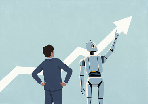 Businessman watching humanoid robot pointing at ascending arrow

