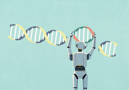 Humanoid robot altering DNA double helix
