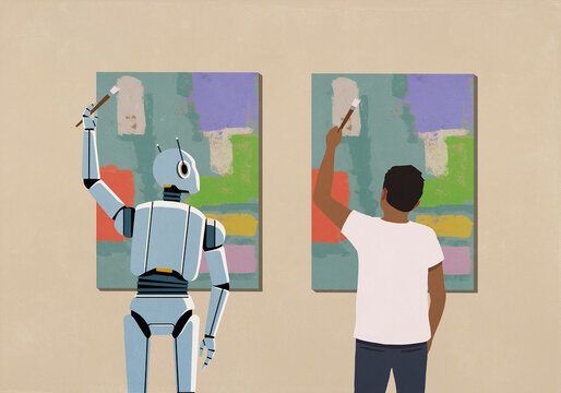 Humanoid robot painting same artwork as man
