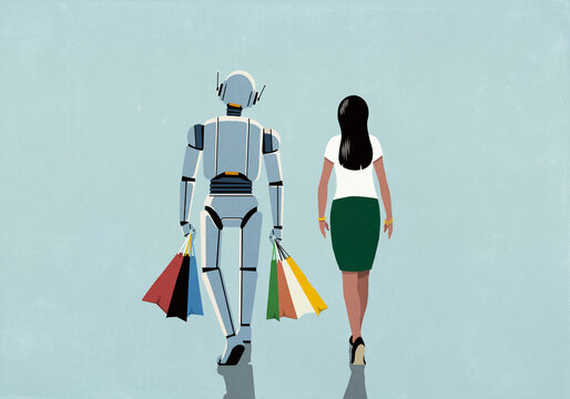 Woman walking next to humanoid robot carrying shopping bags
