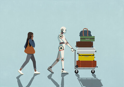 Woman talking on smart phone and following humanoid robot pushing stack of luggage
