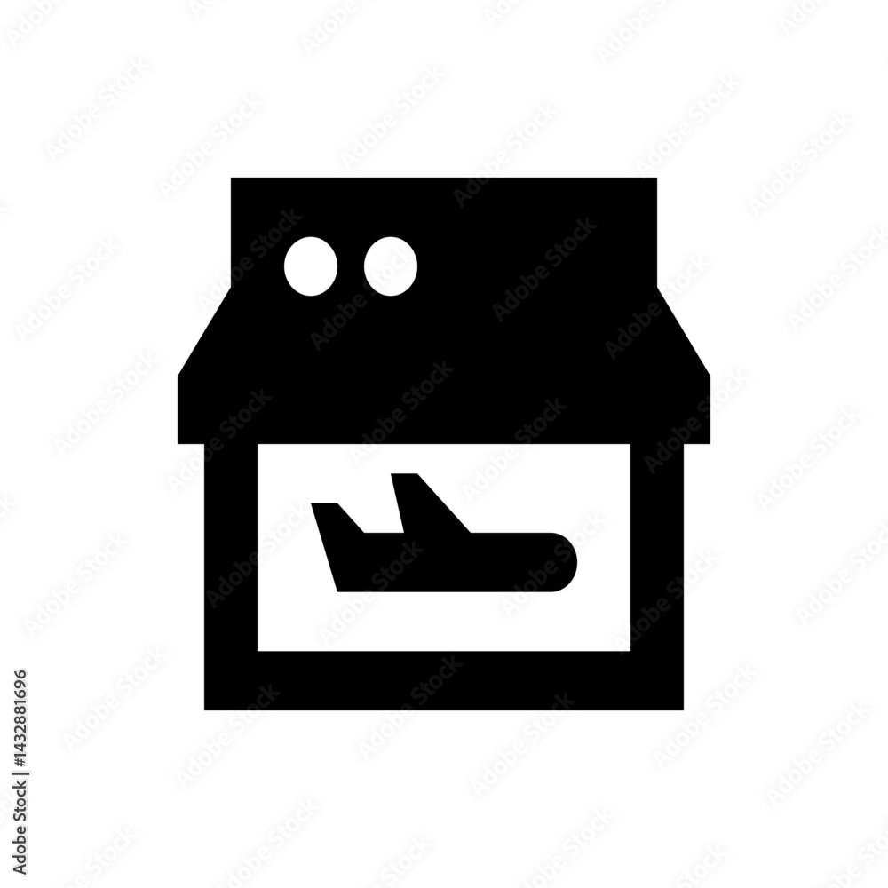 Poster black and white icon of an airplane inside a box with two circles on top representing a printer outp