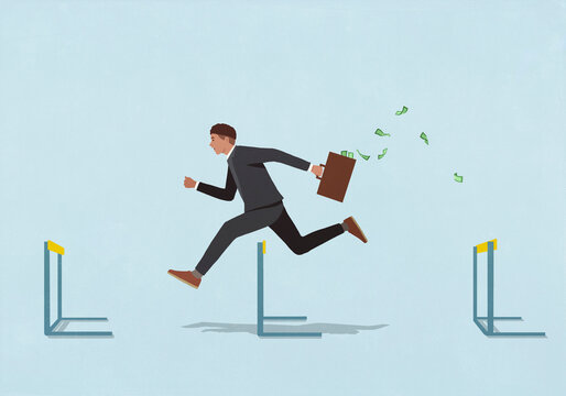 Businessman with money briefcase jumping over hurdles
