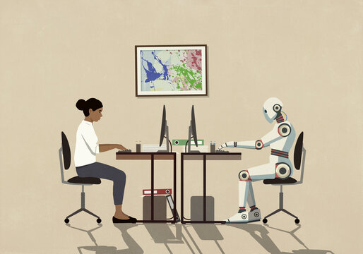 Woman and humanoid robot working face to face at desks
