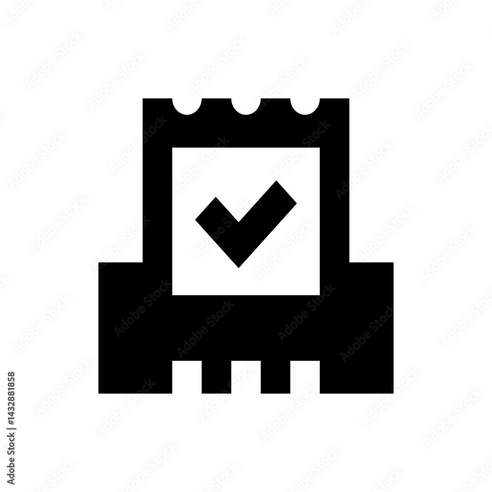 Poster black and white icon of a notepad with a checkmark on it, sitting on a structured base element shape