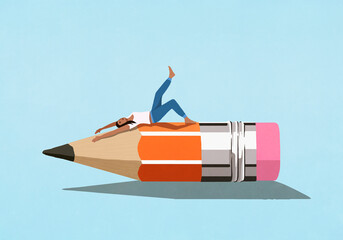 Carefree young woman stretching on pencil nub
