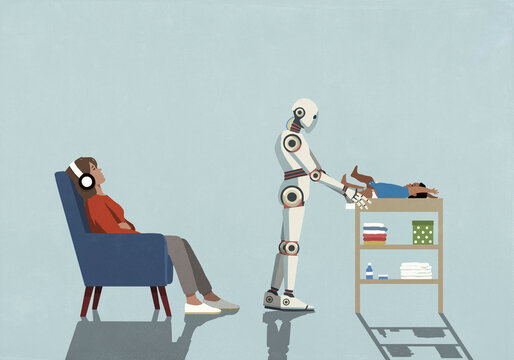 Mother with headphones relaxing and listening to music while humanoid robot changes baby diaper
