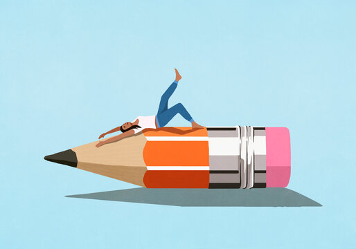 Carefree young woman stretching on pencil nub
