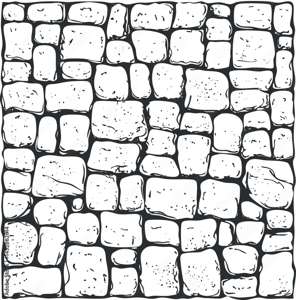 Poster black and white illustration of an irregular stone wall pattern with various sized cobblestones and 