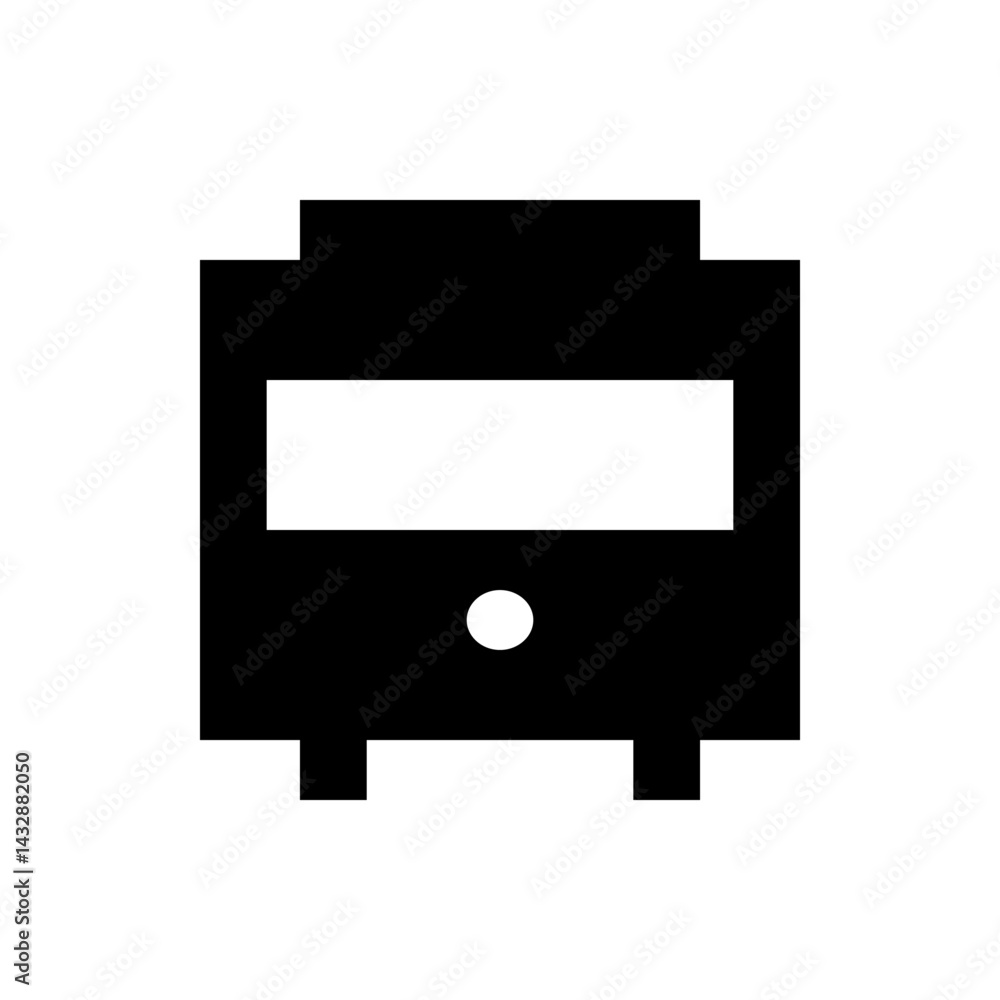 Poster illustration of a black and white bus with a rectangular window and a circular headlight design elem