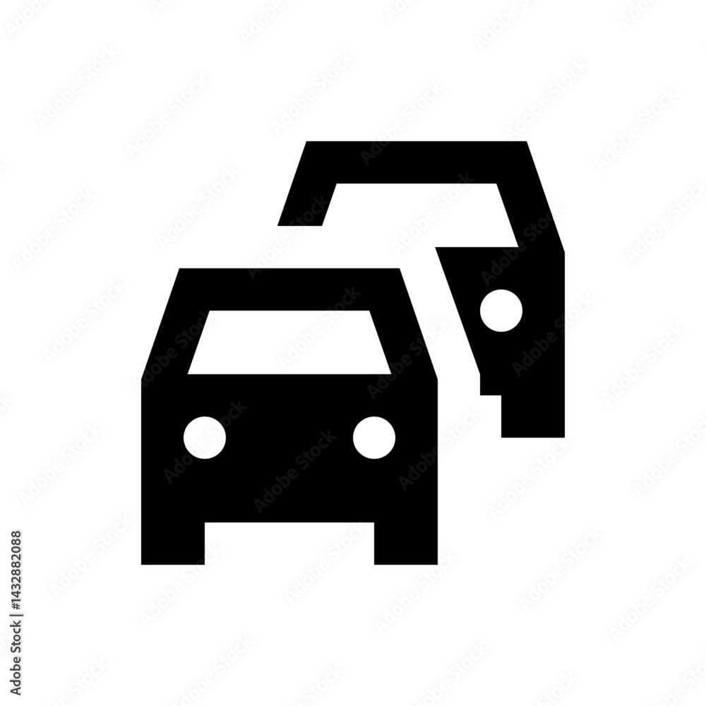Poster two cars depicted in a simple black and white icon style with a focus on their frontal view and shap