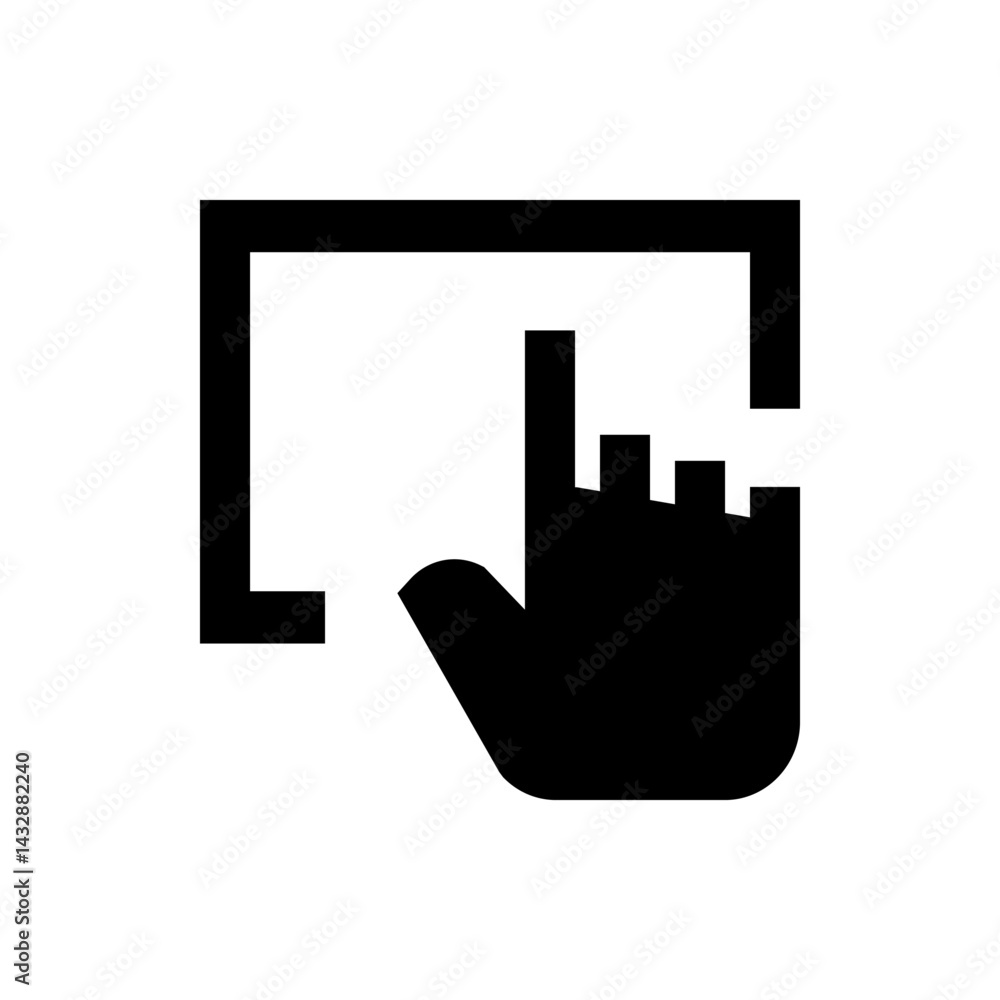 Poster illustration of a hand interacting with a square interface element in a minimalist black and white d