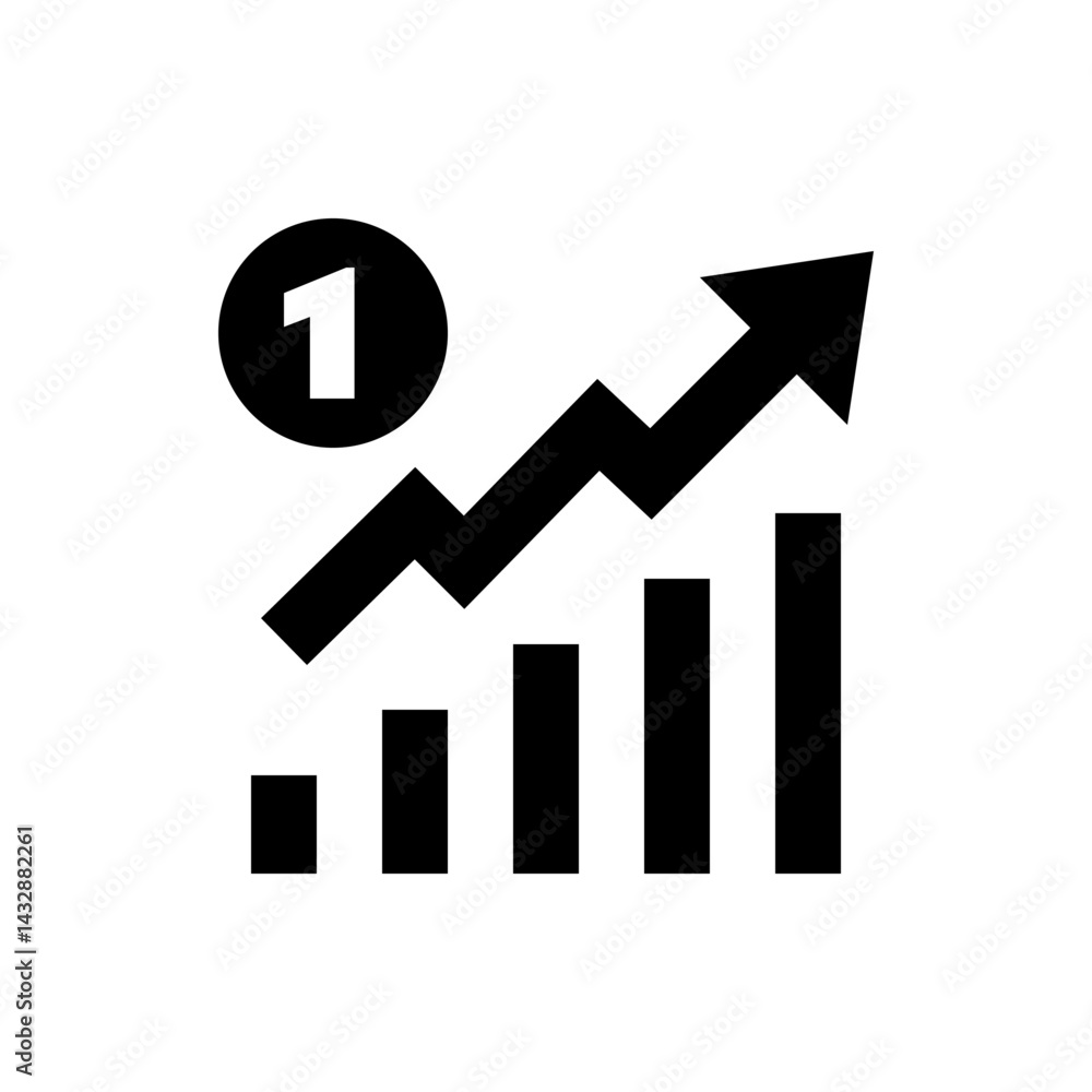 Poster black and white illustration of a rising graph with an arrow and the number one in a circle icon