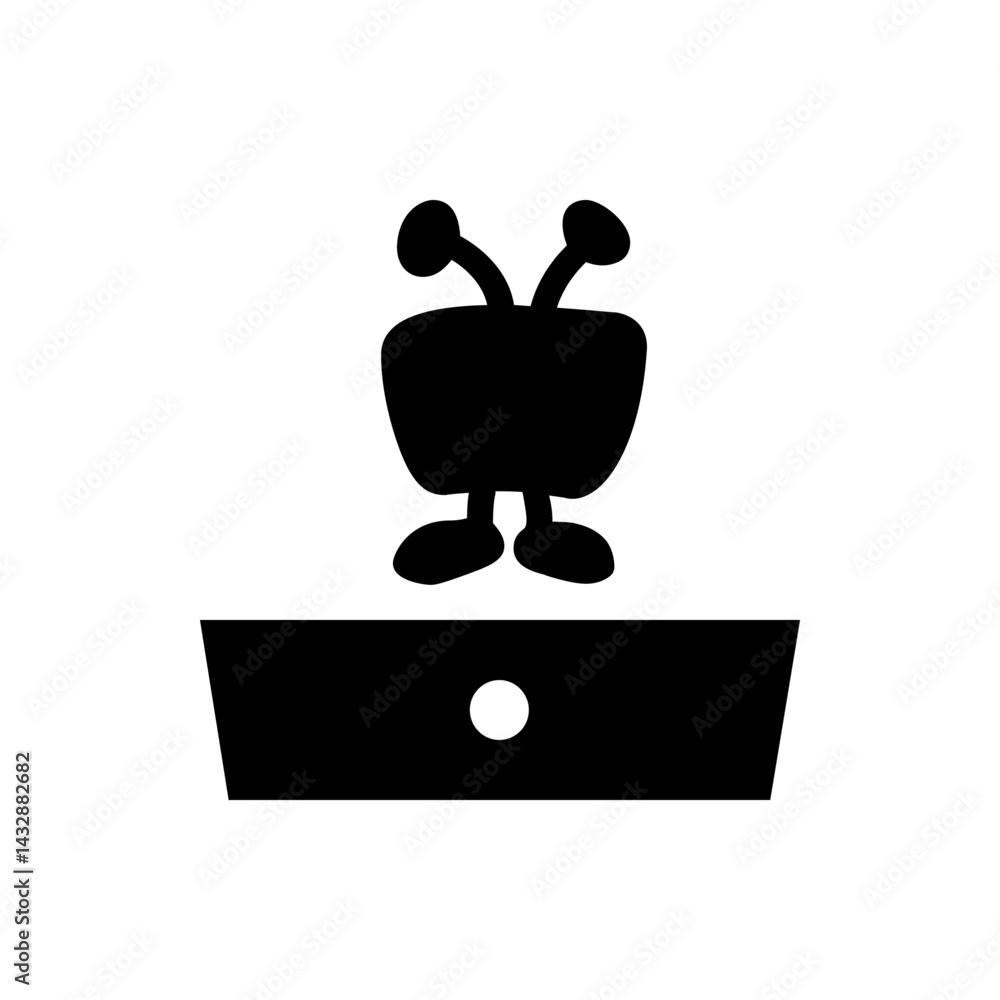 Poster silhouette of a cartoon alien character standing on a rectangular base with a circular button elemen