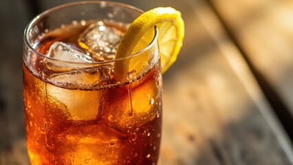 iced tea with lemon on wooden table