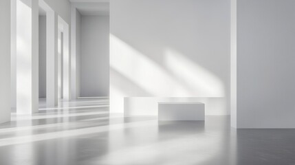 Fototapeta premium Abstract white background with dynamic light and shadow contrast, low-poly 3D rendering of geometric polygonal shapes in minimalist architectural space.