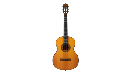 Classic wooden acoustic guitar with nylon strings, symbolizing music and melody. Isolated on a transparent background.