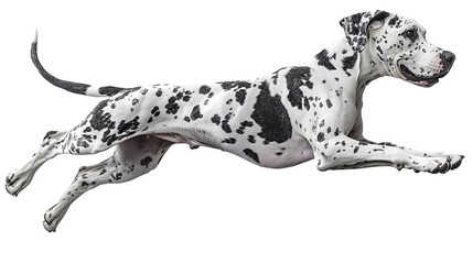 A Great Dane dog leaping joyfully, frozen mid-jump, isolated on white background