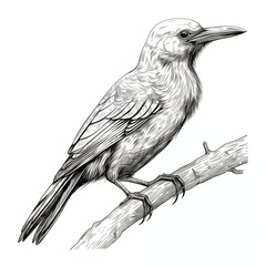 A bird sitting on a branch, angle view, icon, simple black and white sketch on a white background, picture, image for printing, no people, nature, ai
