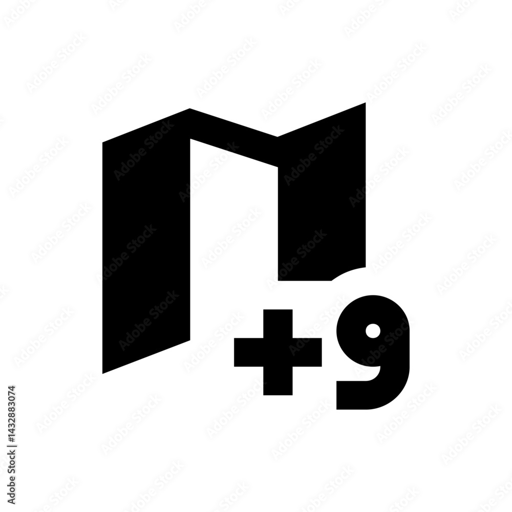 Poster black abstract folder icon with a plus sign and the number nine on a white isolated background desig