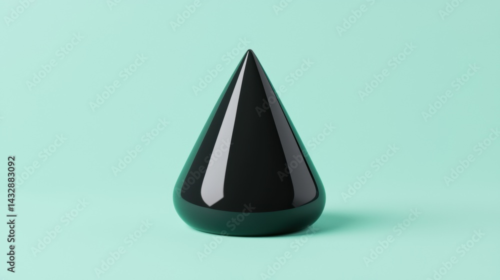Poster a 3d rendering of a black, shiny, triangular object against a light green background.