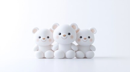 Obraz premium Three Ceramic Bears Minimalist Style, Soft Lighting, High Resolution, Centered Group Shot, Smooth Textures, Friendly Togetherness, White Background, Gentle Pure Tones, Ideal for Baby Products