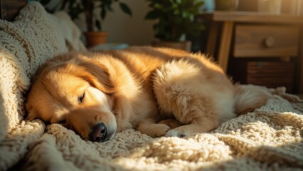 Golden retriever sleeping on cozy blanket in sunlight
