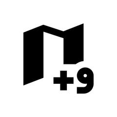 Black abstract folder icon with a plus sign and the number nine on a white isolated background design element