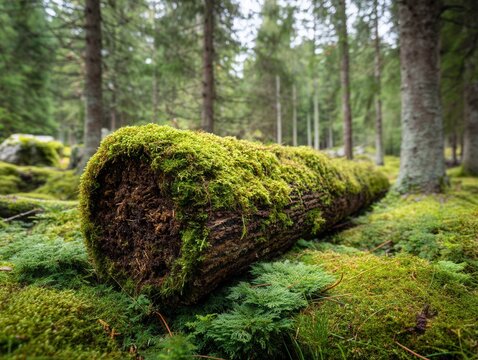 Enchanting forest scene featuring a moss covered log lying on the forest floor surrounded by lush green moss and ferns capturing the serene beauty of nature